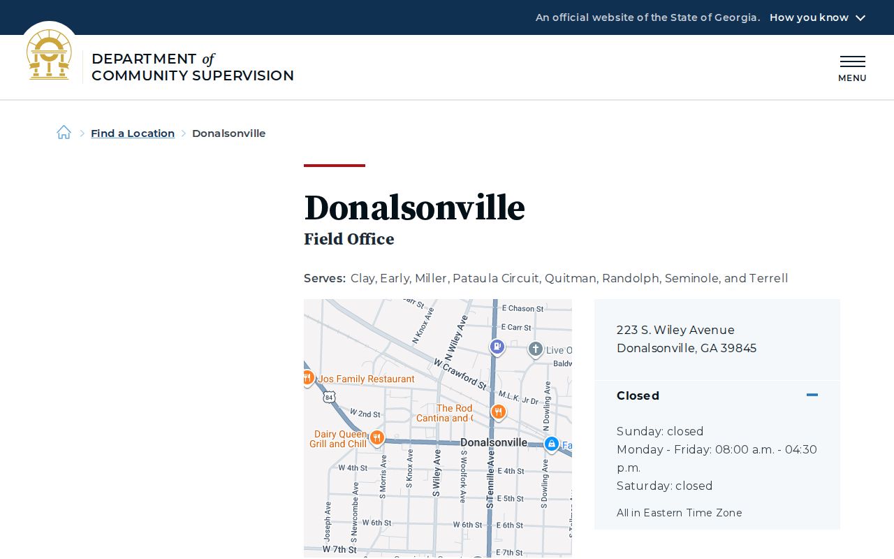 Georgia Department of Community Supervision Donalsonville Field Office serving Miller County